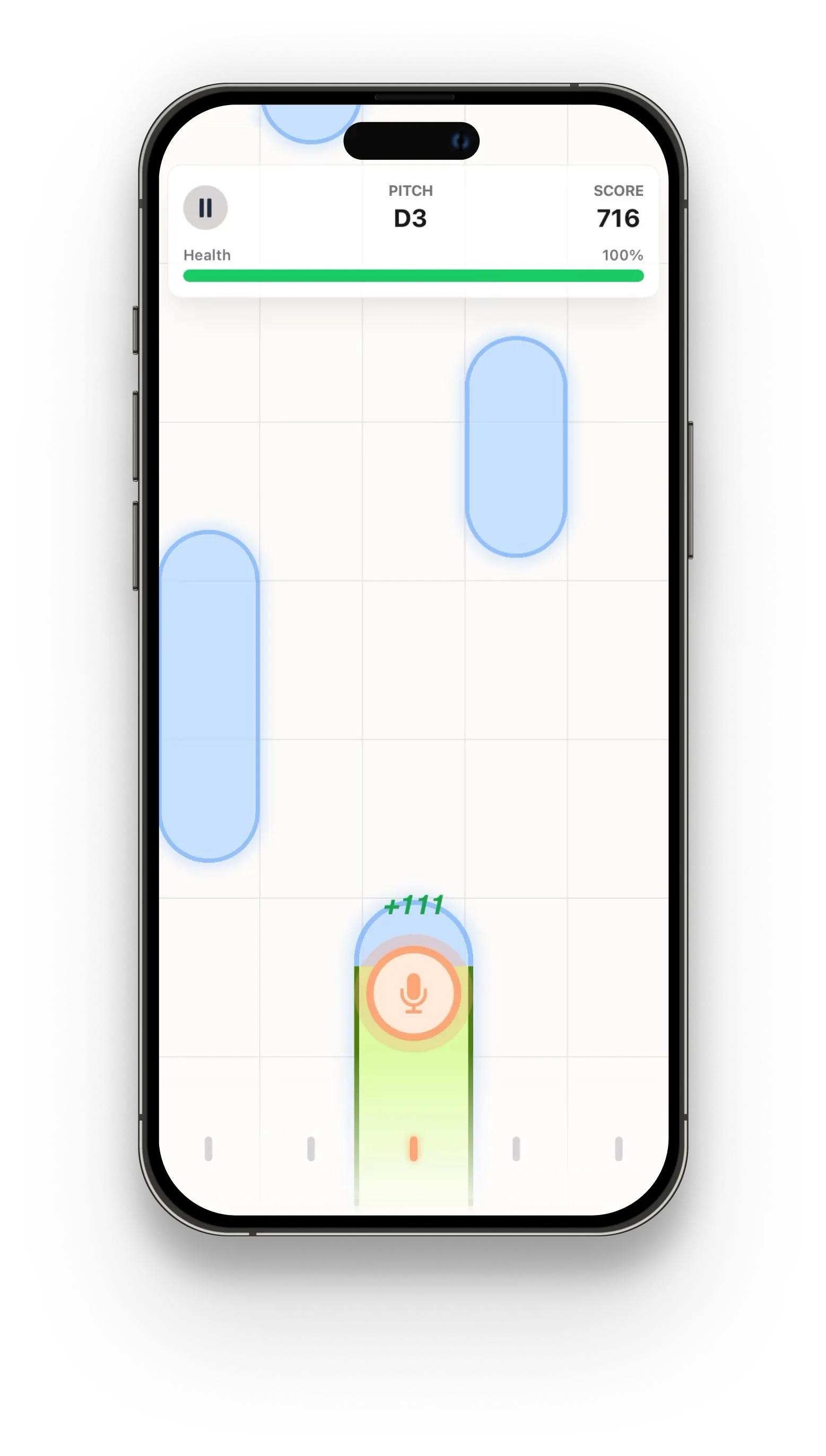 iPhone displays a pitch-matching app with a centering microphone icon. Blue bars indicate pitch levels, showing a score of 716 and 100% health.